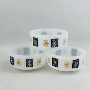 Vtg Federal Snowflake Atomic Starburst Milk Glass 3 Bowl Set Black Gold 1 Cup